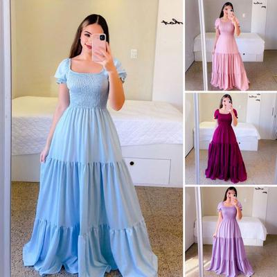 Damen-Maxikleid, quadratischer Ausschnitt, elastische Büste, plissiert, einfarbig, A-Linie, lockerer Patchwork-Saum, kurz