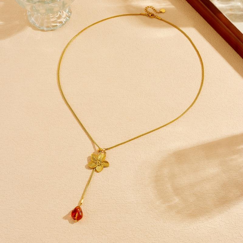 Gold Plated Stainless Steel Y-Shape Flower Amber Color Pendant Necklace золотой