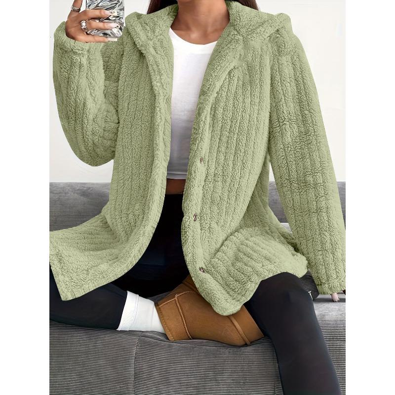 Autumn and Winter Solid Color Long Sleeved Textured Button Hooded Loose Plush Women's Coats