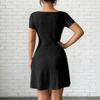 Women’s Short Sleeve Square Neck Eyelet Dress with Adjustable Front Tie and Fitted Waist Casual A Line Mini Sundress