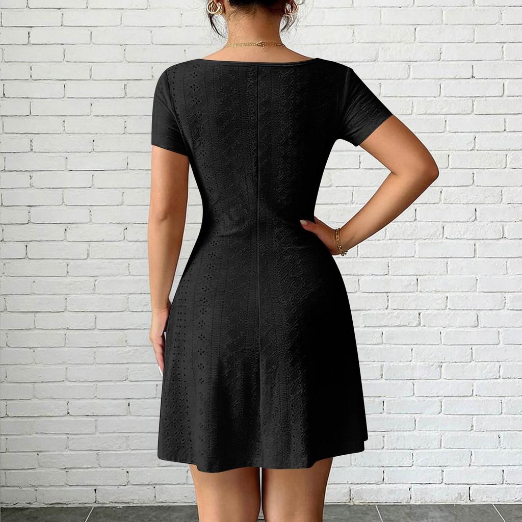 Women’s Short Sleeve Square Neck Eyelet Dress with Adjustable Front Tie and Fitted Waist Casual A Line Mini Sundress