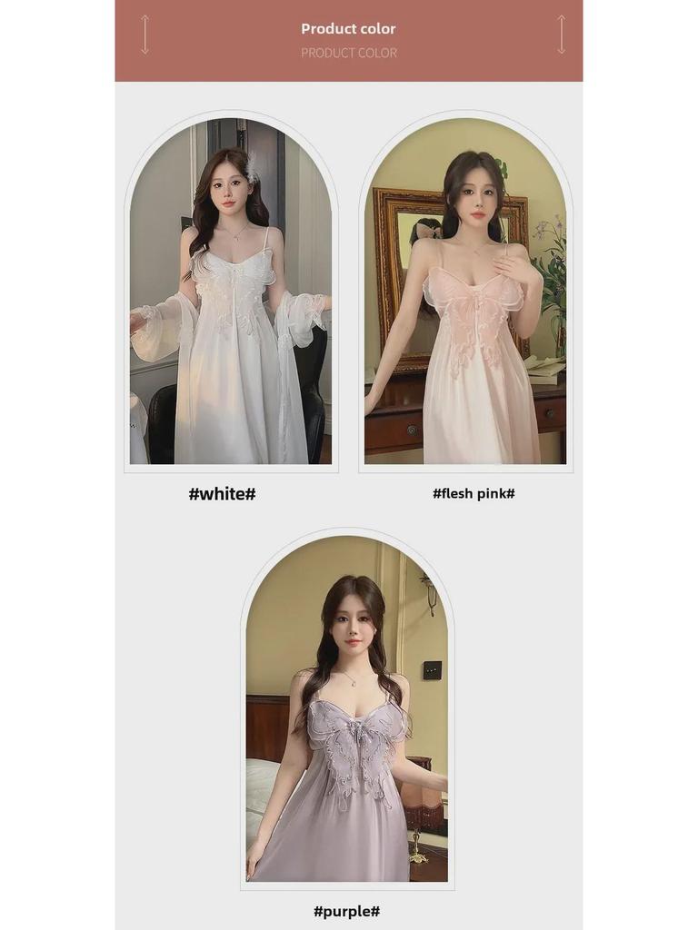 Women's Sexy Large Size Silk Suspender Pajama Set with Butterfly Crystal Sequins & Chest Pads
