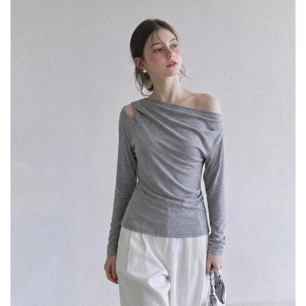 Gray off-the-shoulder long-sleeved t-shirt women's autumn new design pure desire slanted shoulder slim-fit top