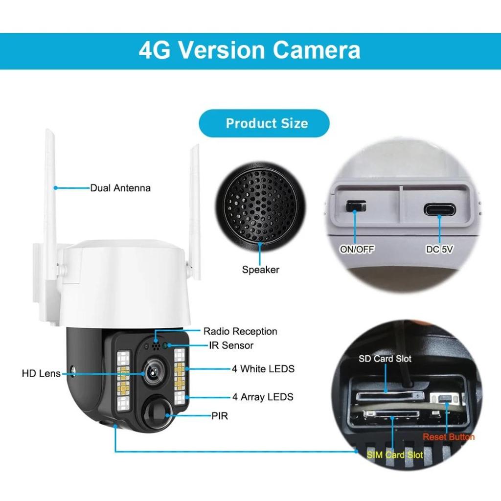 Solarkamera 4G SIM Dual Objektiv für den Außenbereich PIR Personenerkennung Kabellose Camara Energiesparende wasserdichte CCTV-Sicherheitskamera für Zuhause