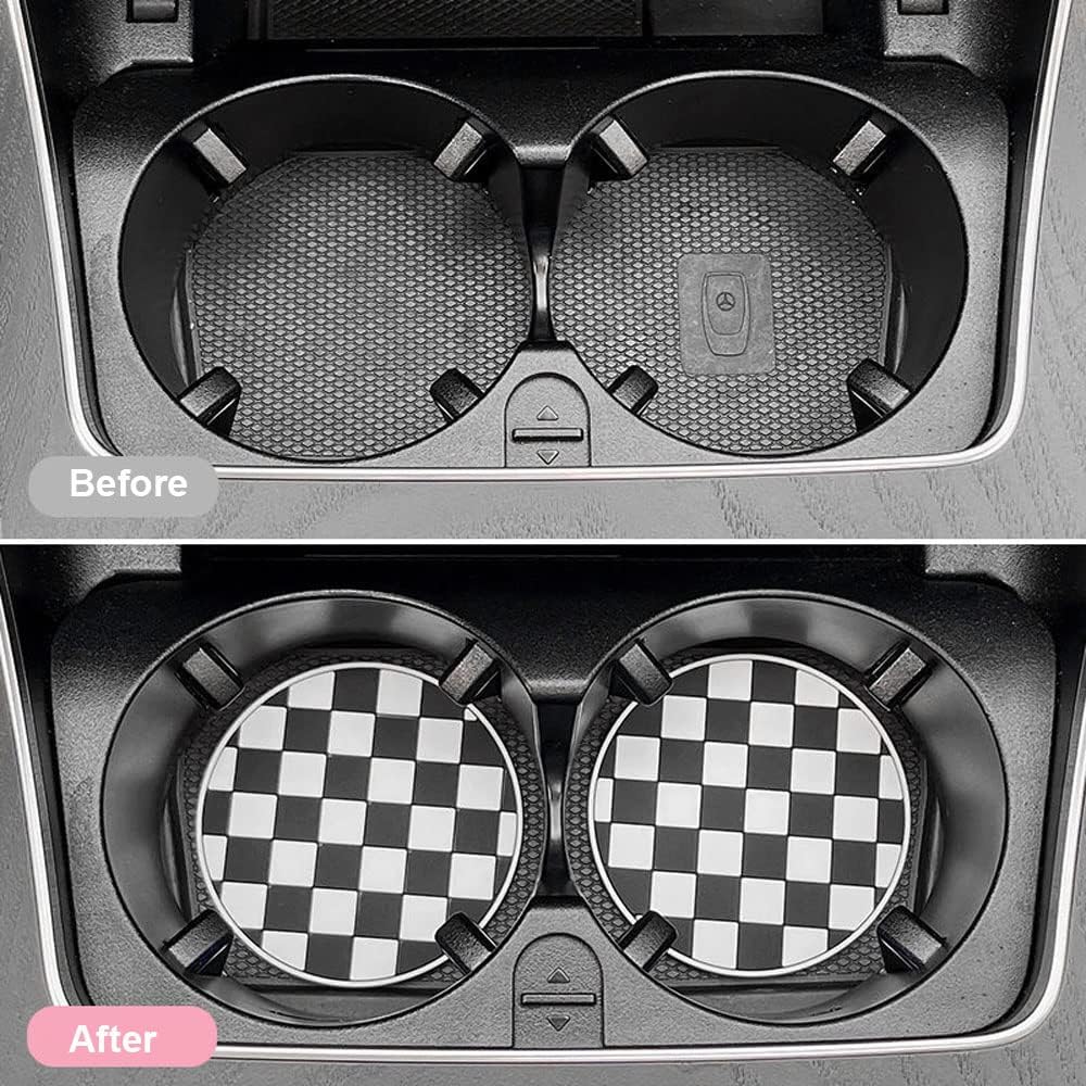 Car Coasters for Cup Holder Silicone, Car Cup Holder Coasters Pack of 2, Fashion Black White Checkerboard Gird