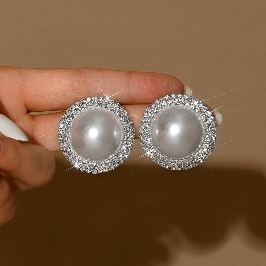 Fashionable Geometric Round Pearl Earrings with Luxurious and High-end Feel, Inlaid with Rhinestones, Elegant Earrings for Women