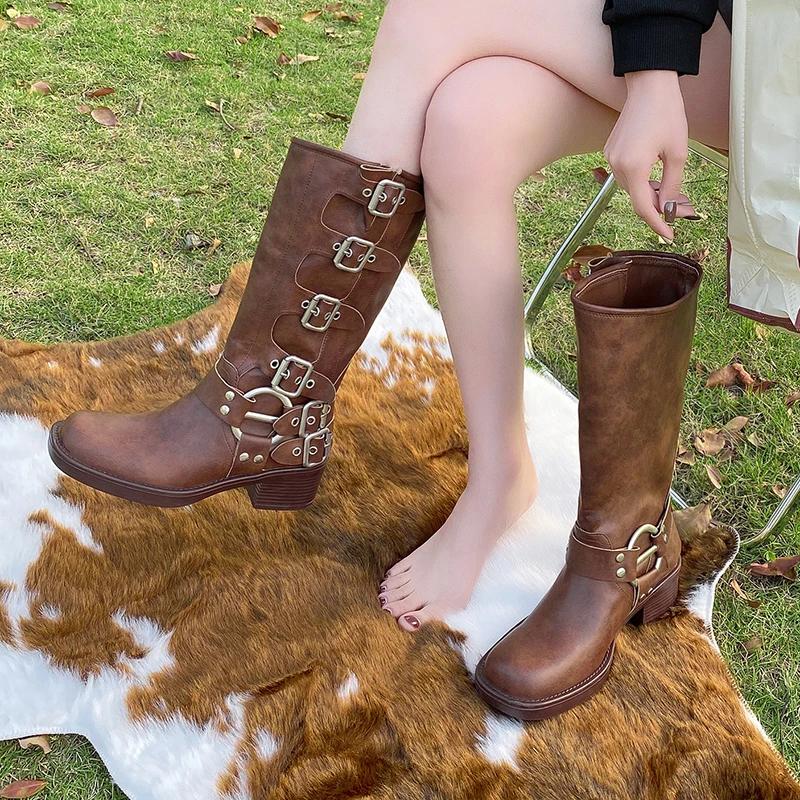 Fashion “Edgy Cowboy Vibe” Leather Knee - High Boots, Multi - Buckle Decor, Perfect for Casual & Autumn - Winter Looks
