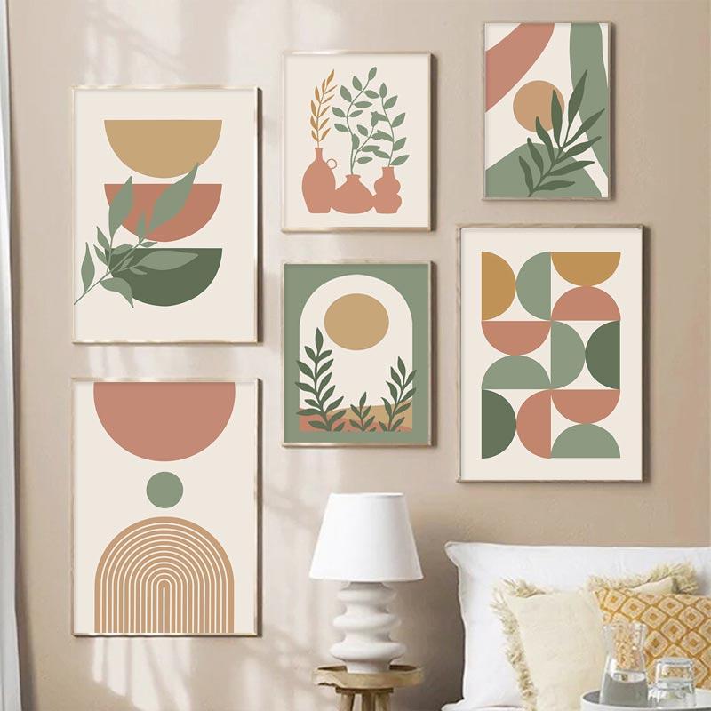 Abstract Boho Landscape Posters Sun Leaves Canvas Painting Geometric Lines Plant Wall Art Pictures For Living Room Home Decor