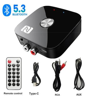 Kebidu NFC Bluetooth 5.3 Audio-Empfänger-Sender-Adapter HD 3,5 mm Klinke Aux Stereo mit Fernbedienung TF U-Disk Wireless-Adapter für Auto-Lautsprecher-Kopfhörer