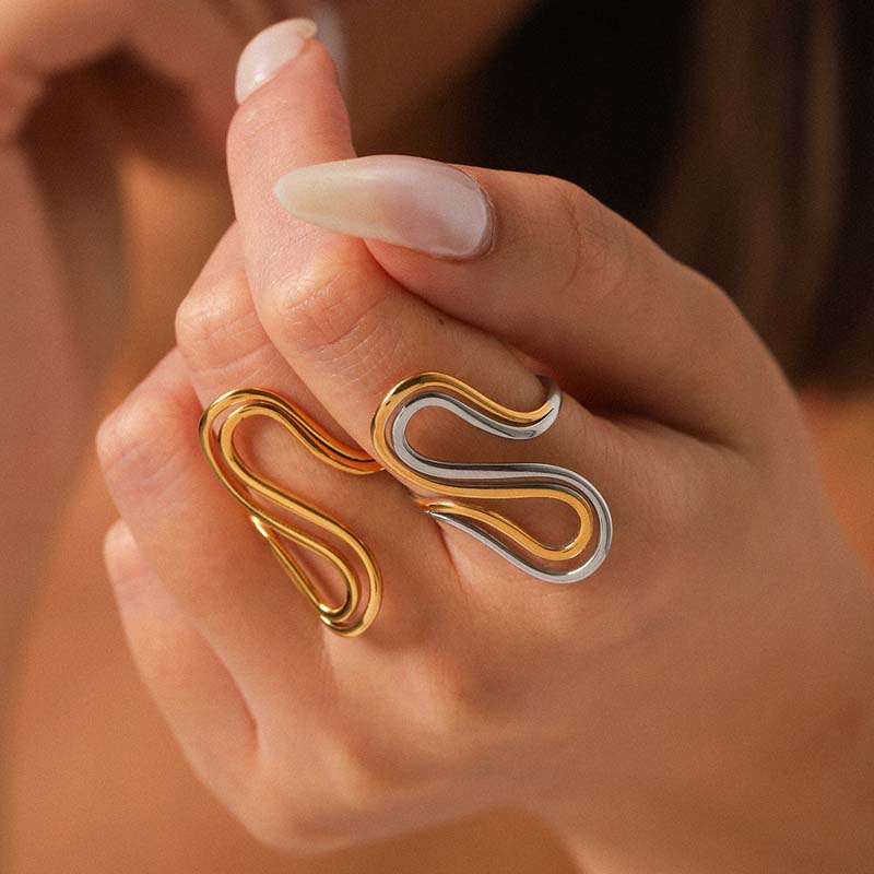 Stainless Steel Metal Line Open Rings for Women Fashion Gold Color Double S-shaped Adjustable Ring Waterproof Jewelry Gifts