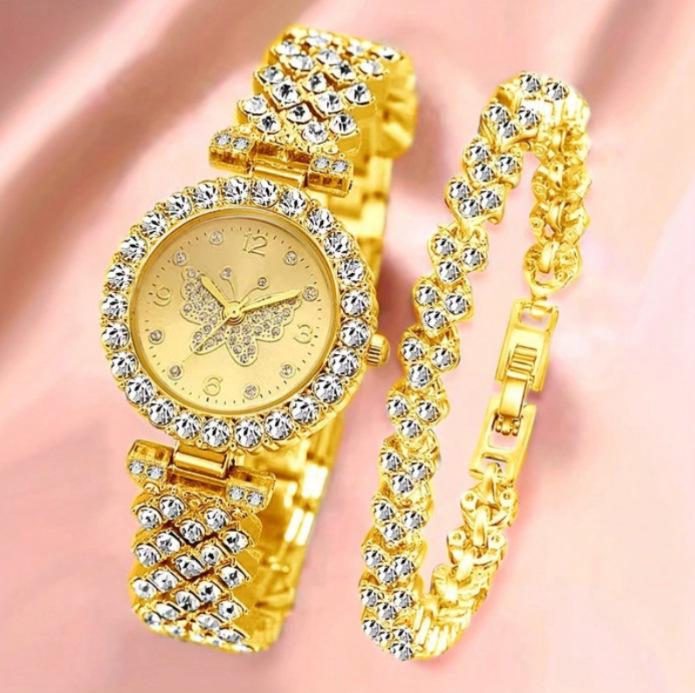 Fashion Roman Numeral Women's Watch & Bracelet Set with Diamond Inlay