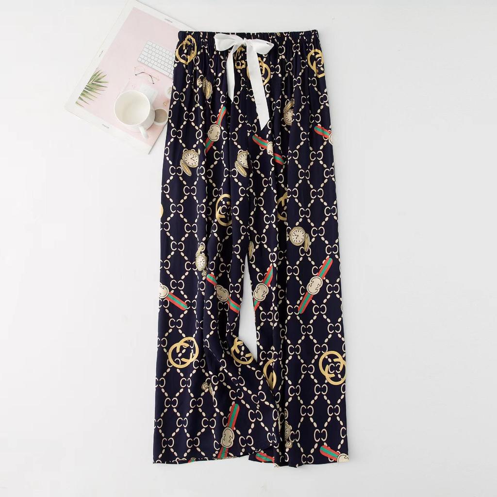 Women's Cotton-Silk Cartoon Pajama Pants, Summer Thin, Black & White Wide-Leg, Plus Size, Outdoor Beach Wear.