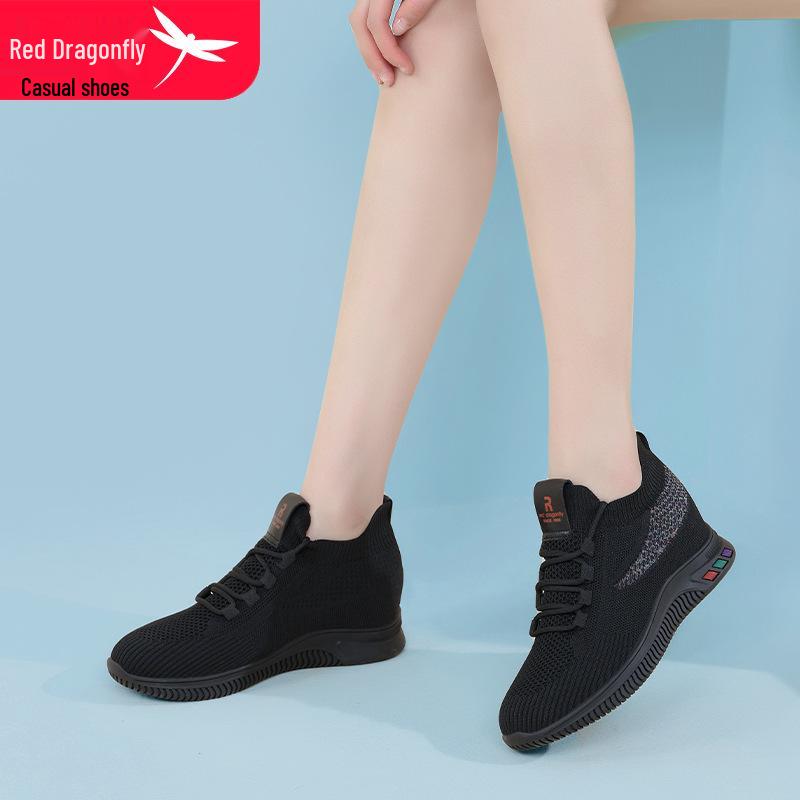 Red Dragonfly Women's Flyknit Sports Casual Shoes - Thick Sole, Hidden Heel, Non-slip Mesh