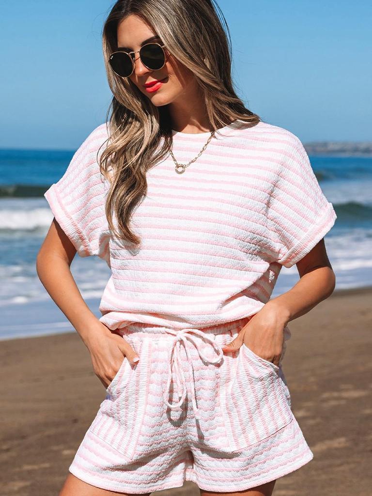 2025 Spring/Summer Women's Knit Drawstring Short-Sleeved Two-Piece Casual Set - European & American Fashion