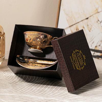 Bone China Coffee Mug Set, Ceramic Tea Set, Klimt Kiss, Luxury Gifts, Porcelain Drinkware, Tea Cups with Spoon Tray, Gift Box