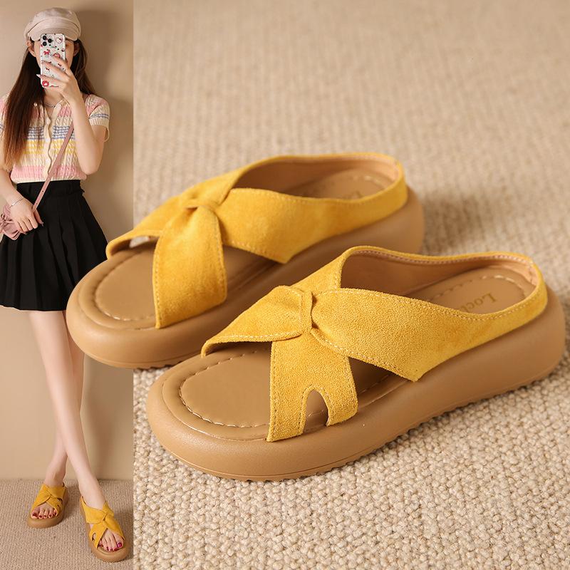 

Foreign trade thick-bottomed beach slippers women s 2025 new summer wear exquisite high-end solid color with skirt one-word drag 42 жёлтый