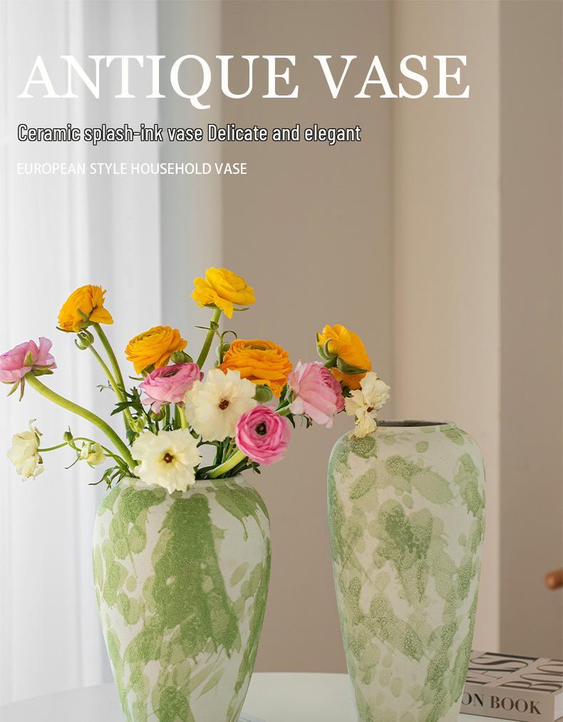 Wabi-Sabi Ink Splash Ceramic Vase: Elegant Retro Flower Arrangement for Living Room or Dining Table