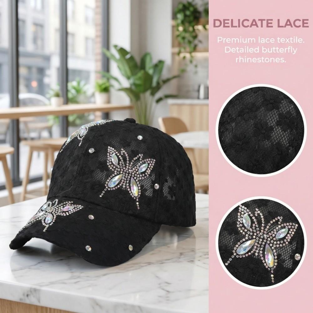 Lace Visors Cap Rhinestone Mesh Peaked Hat Breathable Flower Baseball Cap  Girls