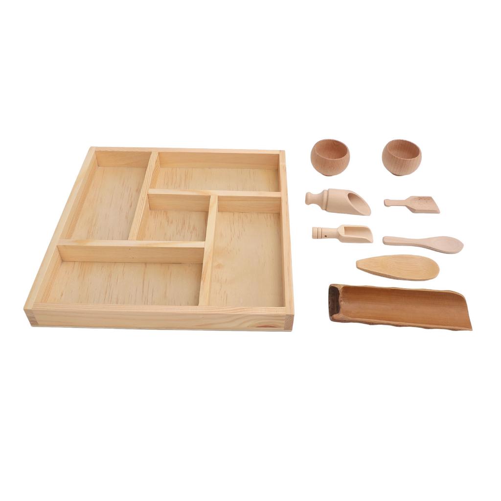 Montessori Sensory Bin Tools with Wooden Box for Toddlers Bowls Scoops Pretend Dish Toys for