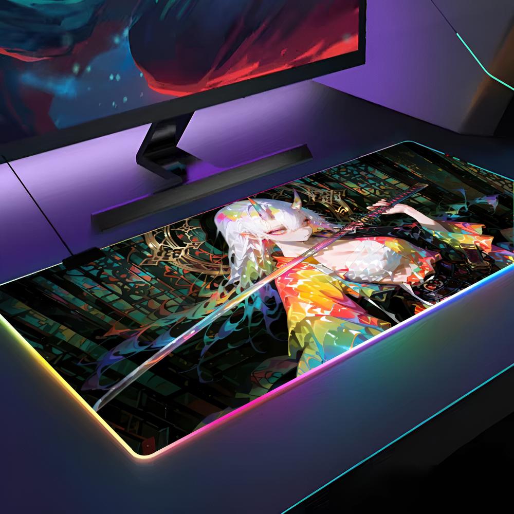 Anime Demon Girl Samurai Katana Mouse Pad RGB Backlit Mouse Pad Laptop Mouse Pad Laptop Gamer Computer Desk Gaming Accessories
