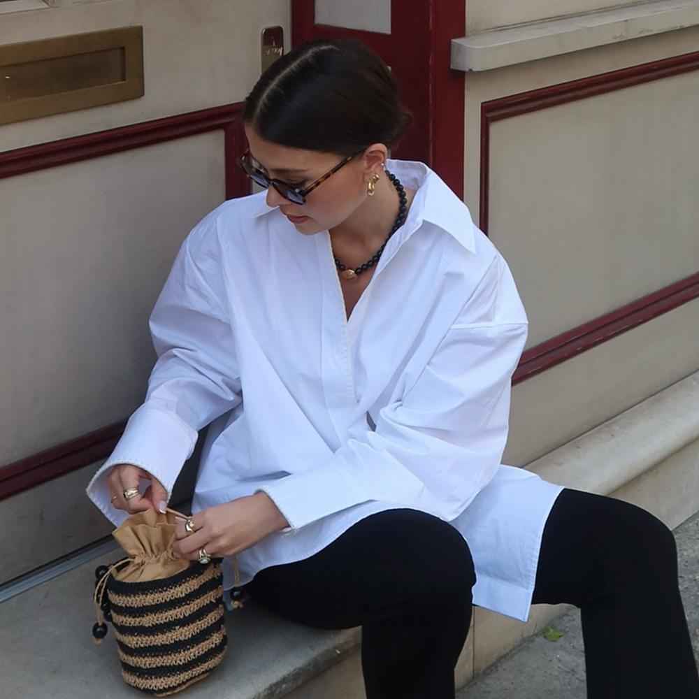 Simple white long-sleeved shirt autumn lapel single-breasted shirt European and American pure cotton loose shirt women