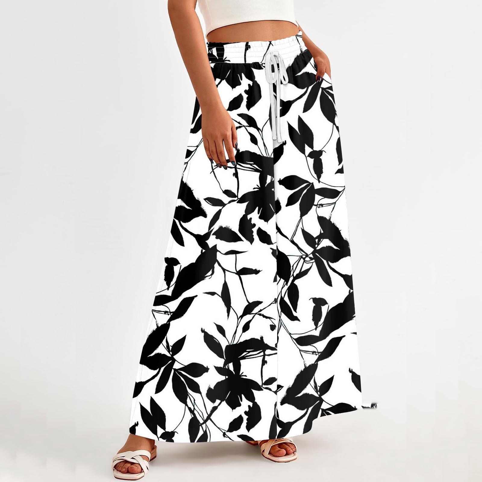 

Женские широкие брюки с высокой талией, летние повседневные широкие брюки с струящимися карманами, пляжные брюки с цветочным принтом M белый