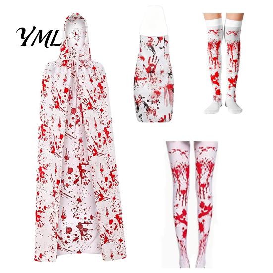 Scary Halloween Costume for Women Blood Print Women, Apron, Hooded Detailed Palm Outfit Cloak, Stockings Outfits Cosplay Parties, Haunted House Events