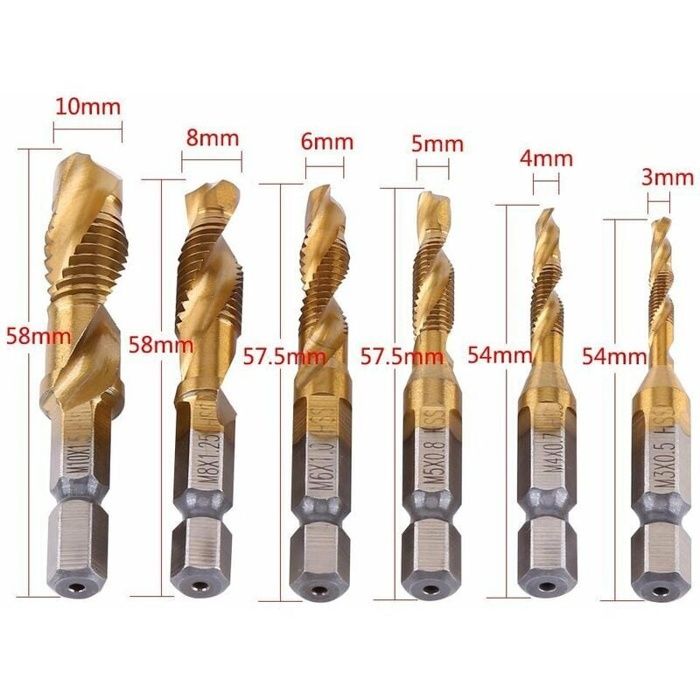 Lot de 6 forets taraudeurs HSS titane M3–M10, queue hex 1/4" (6,35 mm)
