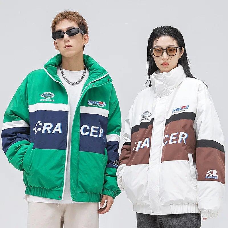 

Winter Coat Men Thick Warm Racing Puffer Jackets Contrast Printed Harajuku Down Parkas Unisex Oversize Women Korean Couple Coats