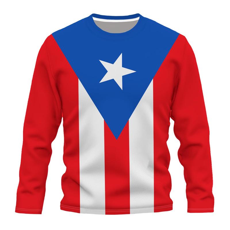 Puerto Rico Flag Graphic T-Shirt For Men 3D Printed Puertorrican Long Sleeve T Shirt Sports Crew Neck Oversized Street Tees