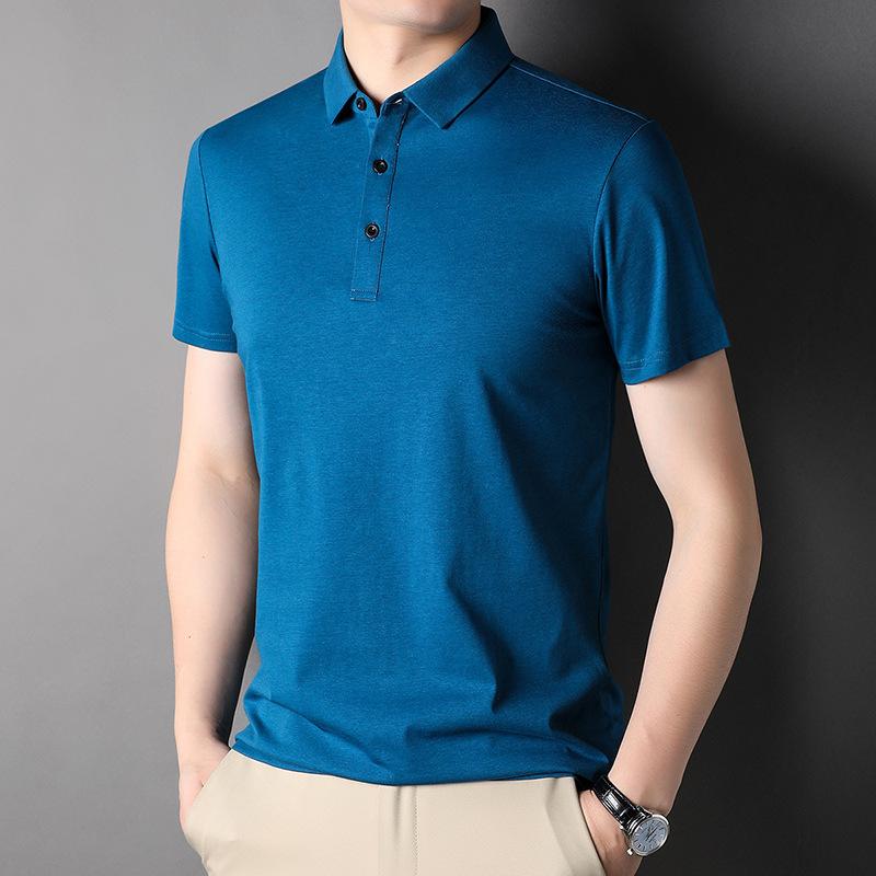 Summer Young Men's Half-sleeved Mulberry Silk Lapel Short-sleeved Polo Shirt Casual Solid Color Short-sleeved Men's T-shirt