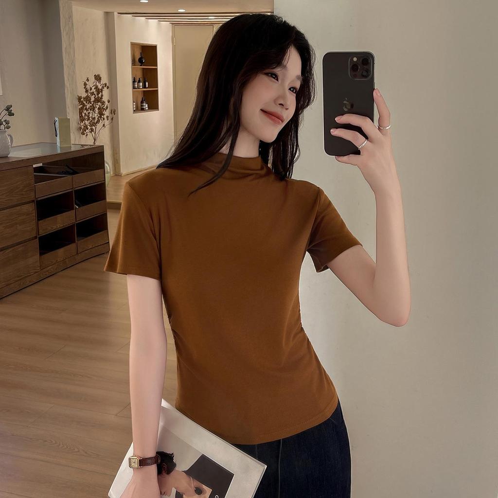 YB536# Women's Minimalist Half High Neck Slimming Solid Color Short Sleeve Shirt