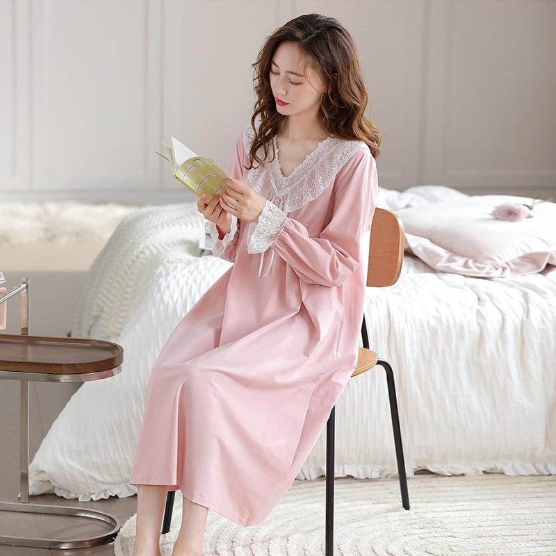 Nightgown Women'S Spring And Autumn Pure Cotton Long-Sleeved Court Style Long Knee Loungewear Autumn Cotton Princess Style Loungewear