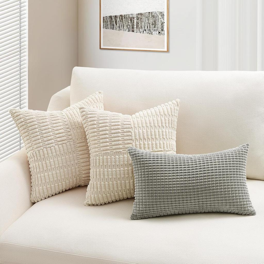 Brown Throw Pillow Covers 18x18 Inch Soft Corduroy Pillow Cover Boho Textured Striped Patchwork Cushion Case for Couch Sofa