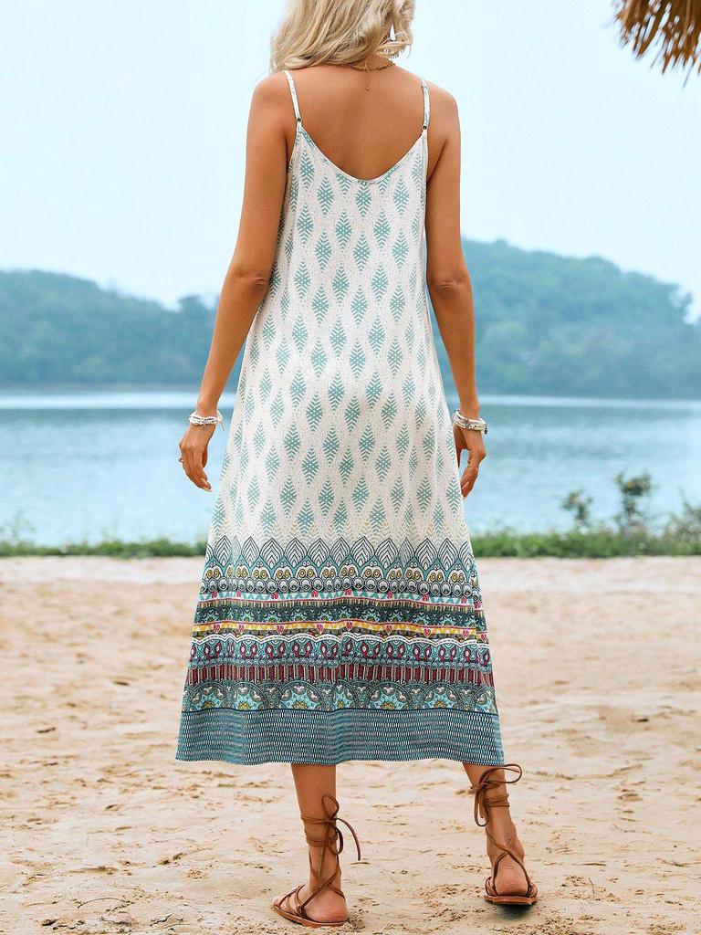 European and American Summer Spaghetti Strap Backless Midi Dress - Women's Slim Fit with Print