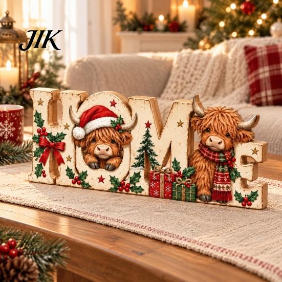 Standing Wooden Signs for Entryways Highland Cow Home Ornament, 2D Tabletop Sign, Rustic Tiered Tray Christmas Decorations Festive Centerpiece Mantel