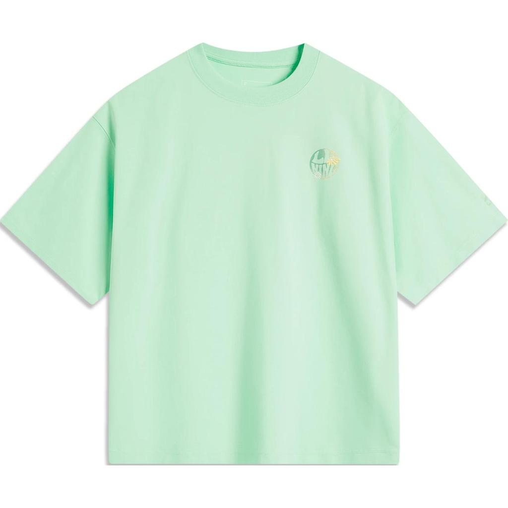 Li Ning Sports Trend Series Printed Letter Round Neck Comfortable Breathable Loose Short Sleeve T-Shirt Women T-Shirts Cool-Green AHSU360-3