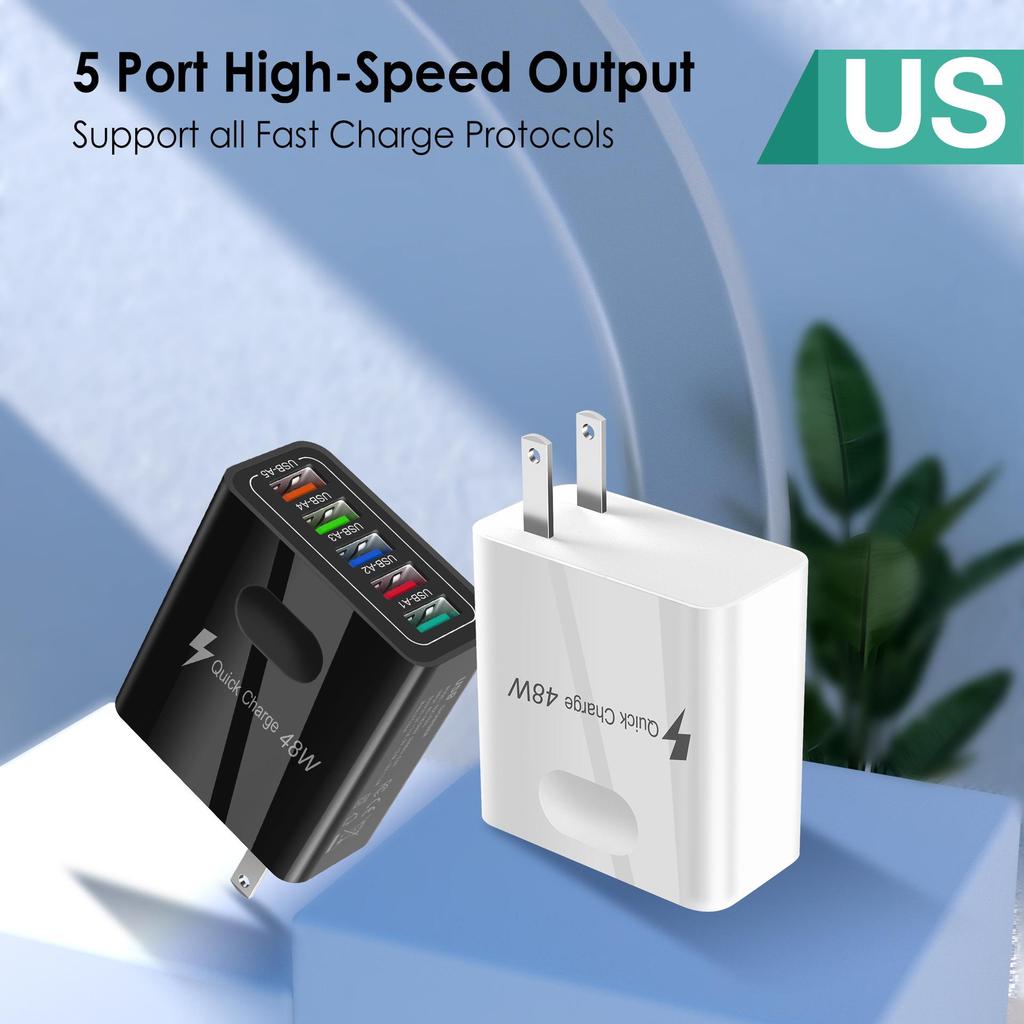 48W Multi-Port USB Mobile Charger with QC3.0 - EU/US/UK Fast Charging Adapter