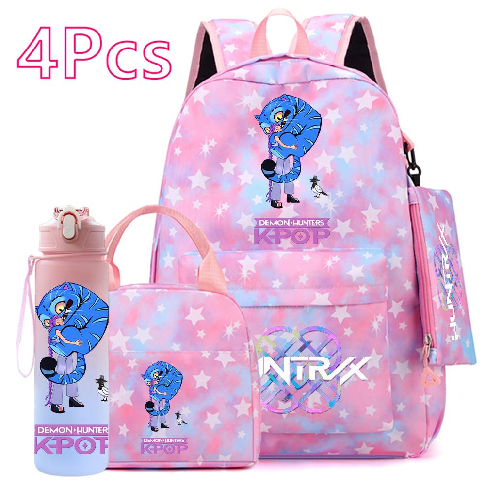 

4Pcs/set K-Pop Demon Hunters Printed Backpack Large Capacity Bookbag Handbag Case Bag with 750Ml Water Bottler Girl Schoolbag Waterproof Travel Bag