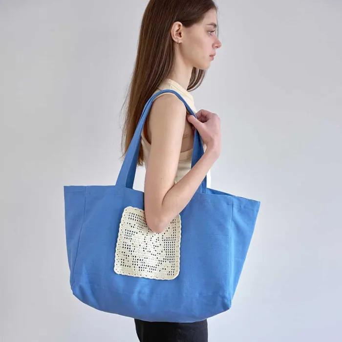 Flower Doily Big Canvas Shopper Bag _ Blue (Flower Doily Circle Knit Handmade Crochet Big Canvas Shopper Bag)