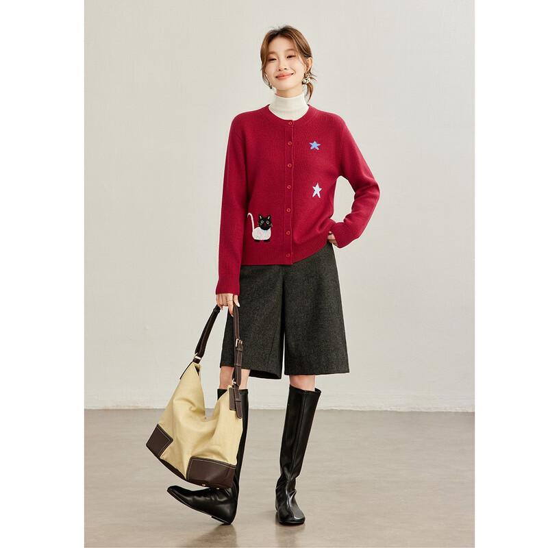Shexi Women's 100% Cashmere Cartoon Embroidered Cardigan