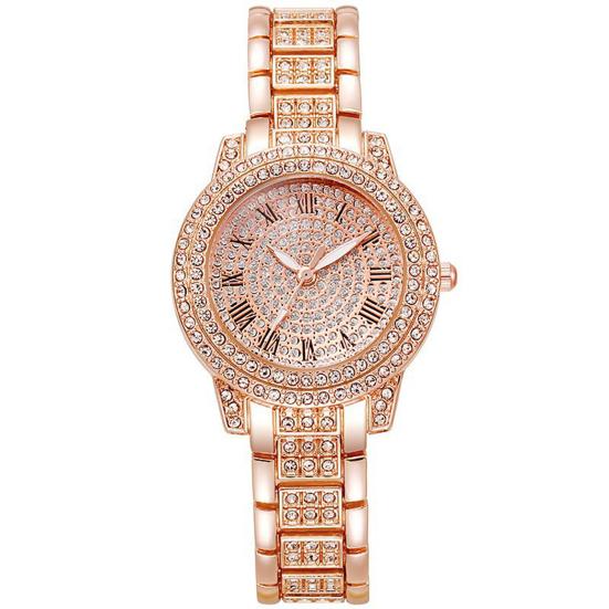 2Pcs/Set Women Quart Watch Shiny Rhinestones Circular Dial High Precision Movement Wristwatch with Bracelet