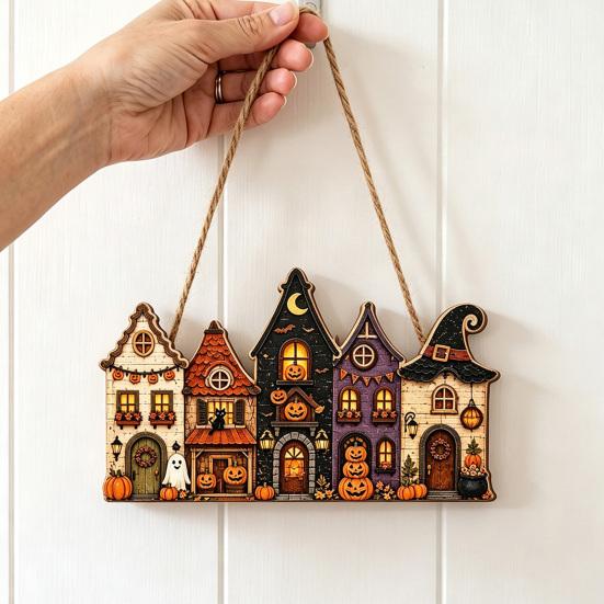 Halloween Hanging Wooden Sign House Pendant with Hemp Rope for Wall Door Autumn Seasonal Art Decoration, Haunted Castle Ornaments Pumpkin Ghost