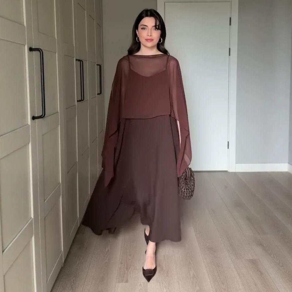 spring and autumn new European and American women's clothing loose meat covering tulle cape chiffon shawl suspender skirt set