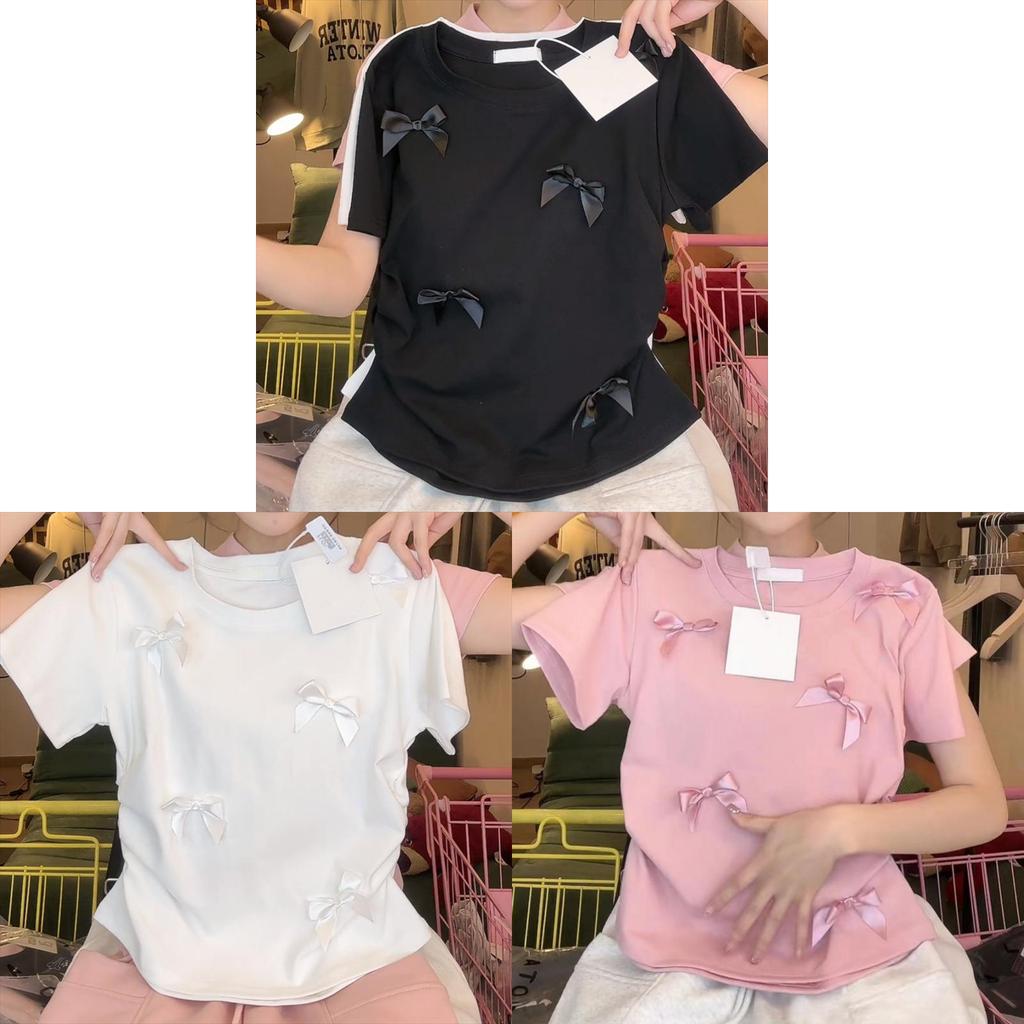 Tshirt With Butterfly Bow Pattern Polyester Short Sleeve Summer Casual Top For Women