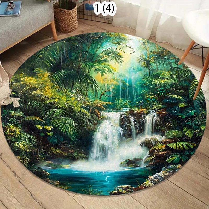 

Tropical Jungle Waterfall Round Area Rug Lush Nature Scene Non-Slip Floor Mat for Living Rooms Healing Home Decor Spaces 80X80CM