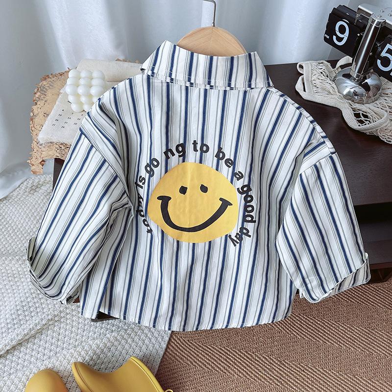 Boys Autumn Korean Vertical Striped Smiley Face Shirt Fashionable Trendy Long Sleeve Top