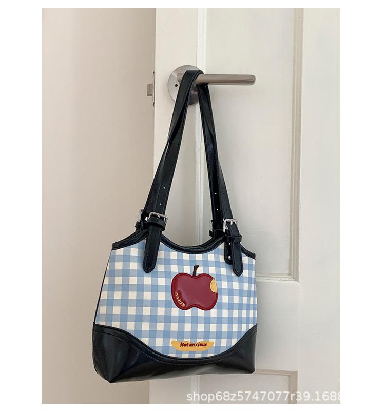 Cute Apple Plaid Large Bag for Women, 2025 Summer New Fashionable Foreign Large-capacity Shoulder Tote Bag