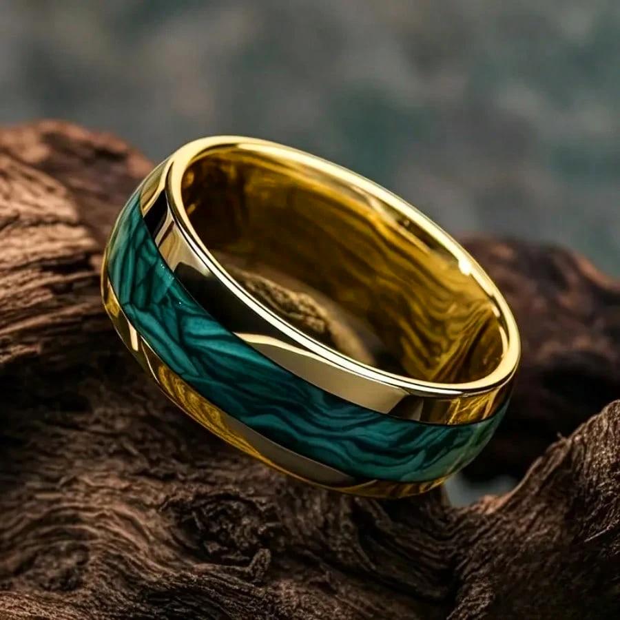 Fashion 8MM Gold Color Stainless Steel Rings For Men Domed Green Abalone Shell Inlay Rings Wedding Engagement Jewelry Gift