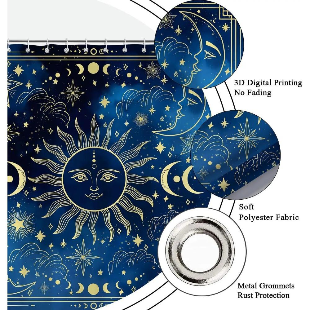 Tenda da Doccia Stampata Sole Luna Blu Celeste Oro Boho Mistico Zodiaco Galassia Per Decorazione Bagno